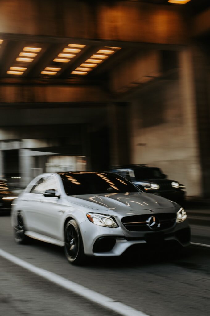 Silver Mercedes-AMG E 63 at night